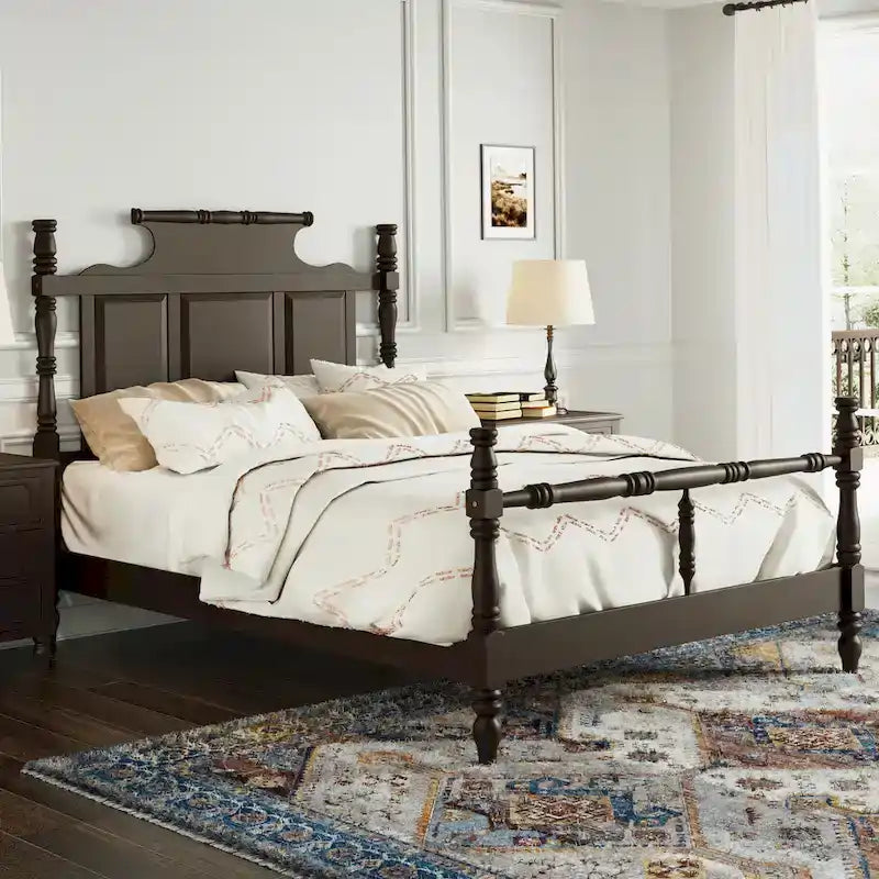 Vintage Country Style Wood Bed Frame Four Poster Platform Bed with High Crown-like Headboard Wingback Bed, Low Profile Bed