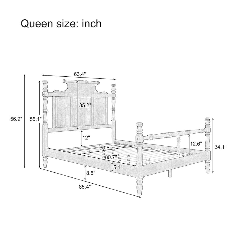 Vintage Country Style Wood Bed Frame Four Poster Platform Bed with High Crown-like Headboard Wingback Bed, Low Profile Bed