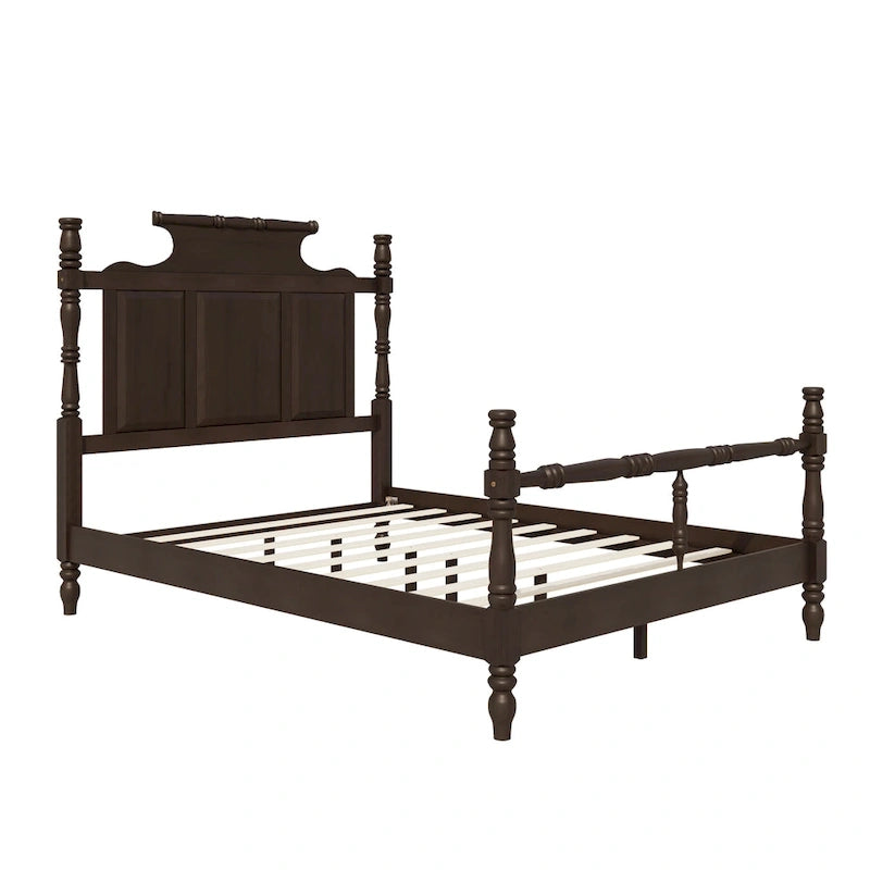 Vintage Country Style Wood Bed Frame Four Poster Platform Bed with High Crown-like Headboard Wingback Bed, Low Profile Bed