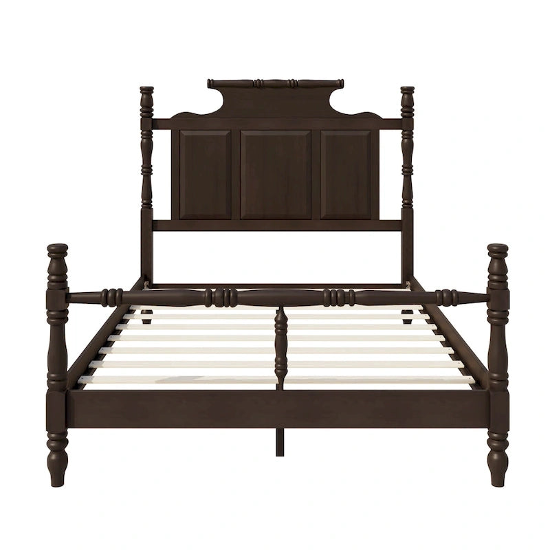 Vintage Country Style Wood Bed Frame Four Poster Platform Bed with High Crown-like Headboard Wingback Bed, Low Profile Bed