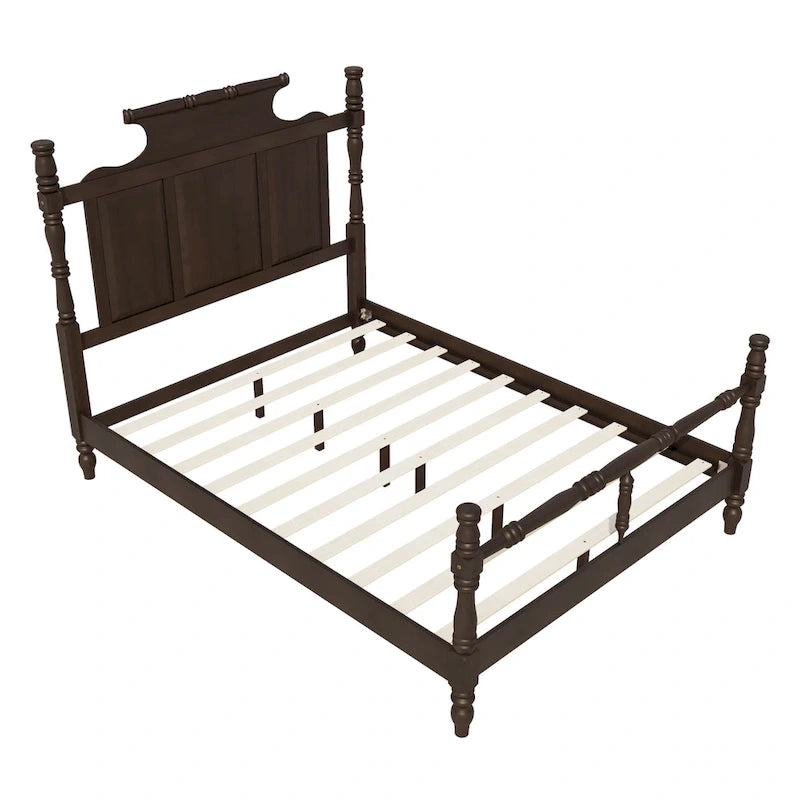 Vintage Country Style Wood Bed Frame Four Poster Platform Bed with High Crown-like Headboard Wingback Bed, Low Profile Bed