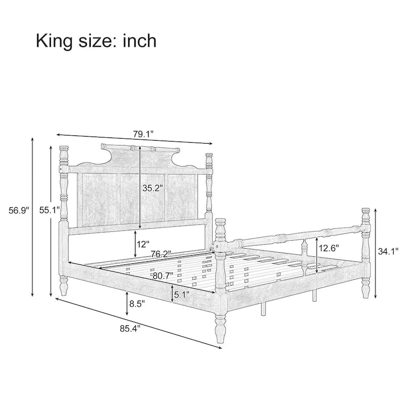 Vintage Country Style Wood Bed Frame Four Poster Platform Bed with High Crown-like Headboard Wingback Bed, Low Profile Bed