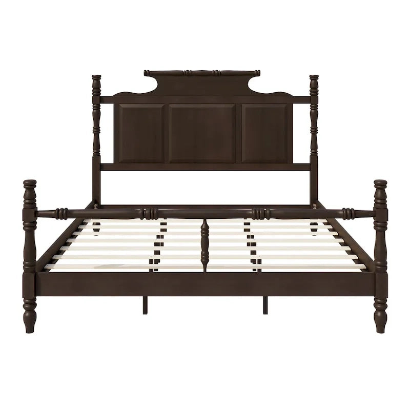 Vintage Country Style Wood Bed Frame Four Poster Platform Bed with High Crown-like Headboard Wingback Bed, Low Profile Bed