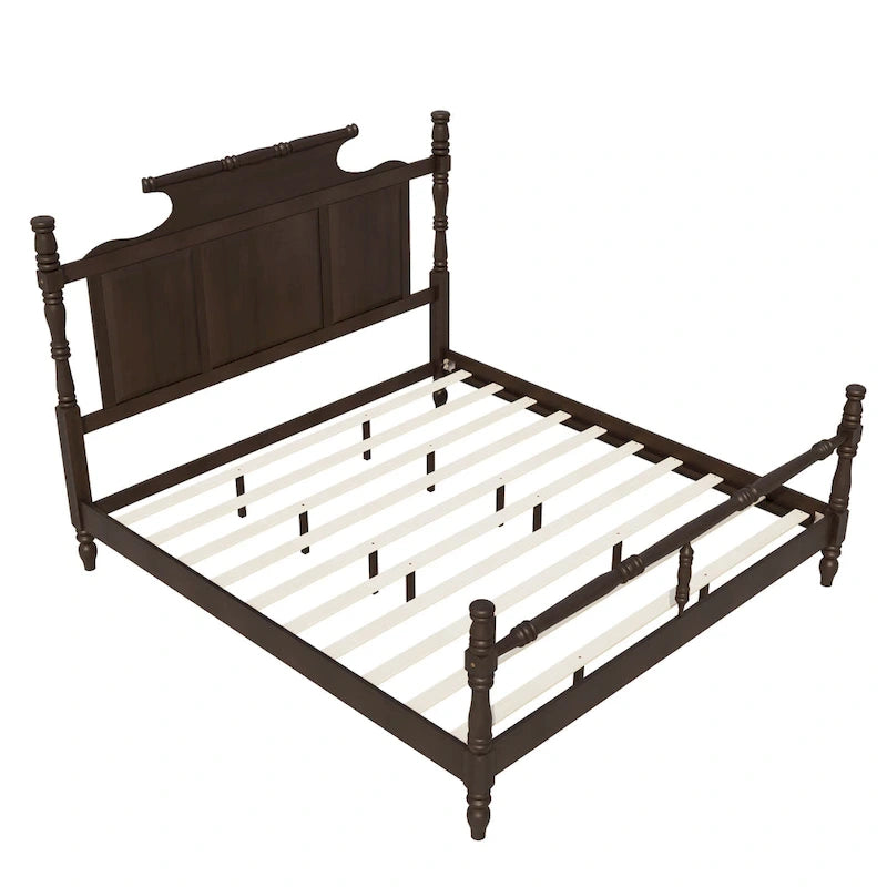 Vintage Country Style Wood Bed Frame Four Poster Platform Bed with High Crown-like Headboard Wingback Bed, Low Profile Bed