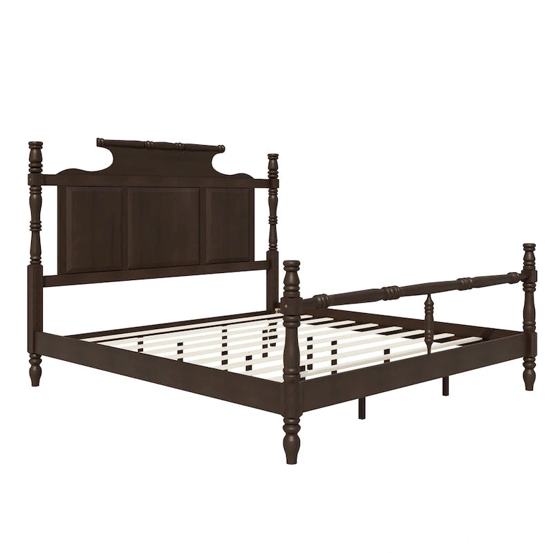 Vintage Country Style Wood Bed Frame Four Poster Platform Bed with High Crown-like Headboard Wingback Bed, Low Profile Bed