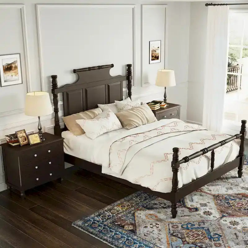 Vintage Country Style Wood Bed Frame Four Poster Platform Bed with High Crown-like Headboard Wingback Bed, Low Profile Bed