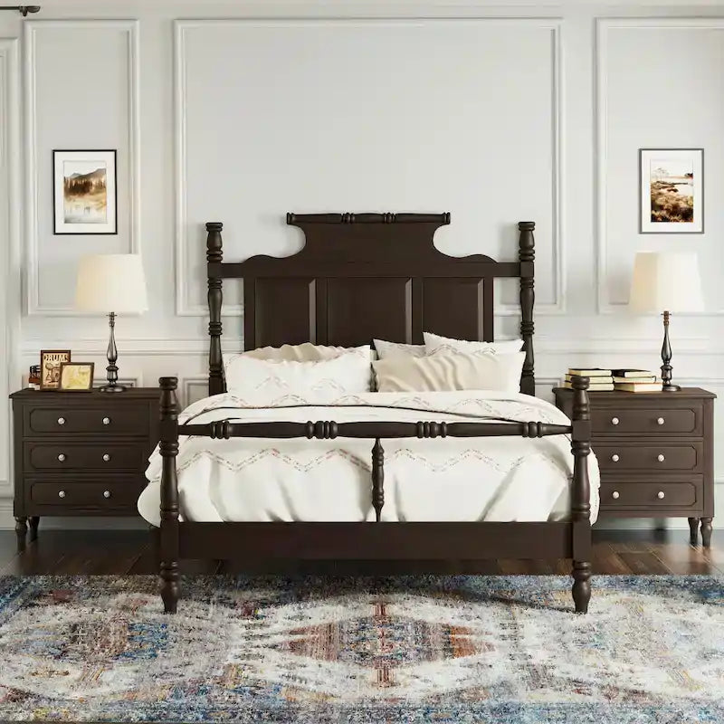 Vintage Country Style Wood Bed Frame Four Poster Platform Bed with High Crown-like Headboard Wingback Bed, Low Profile Bed