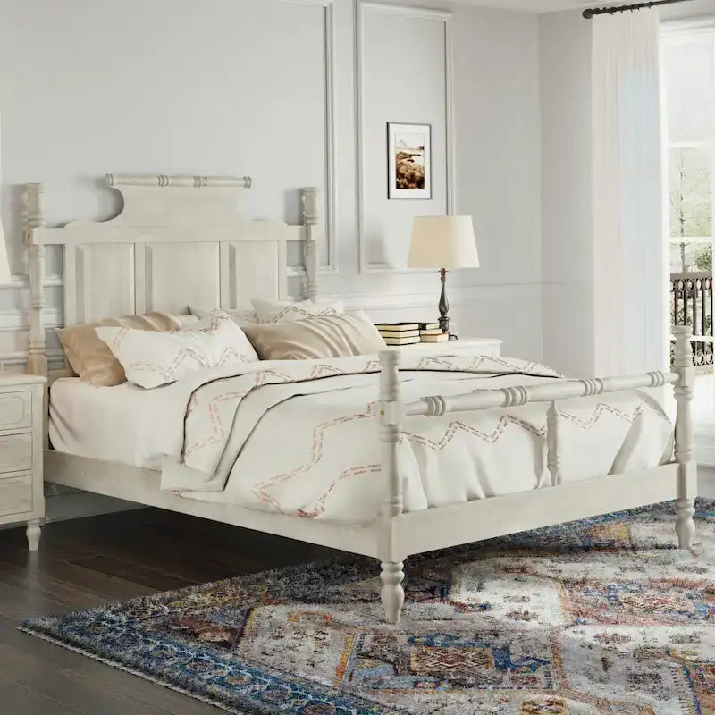 Vintage Country Style Wood Bed Frame Four Poster Platform Bed with High Crown-like Headboard Wingback Bed, Low Profile Bed