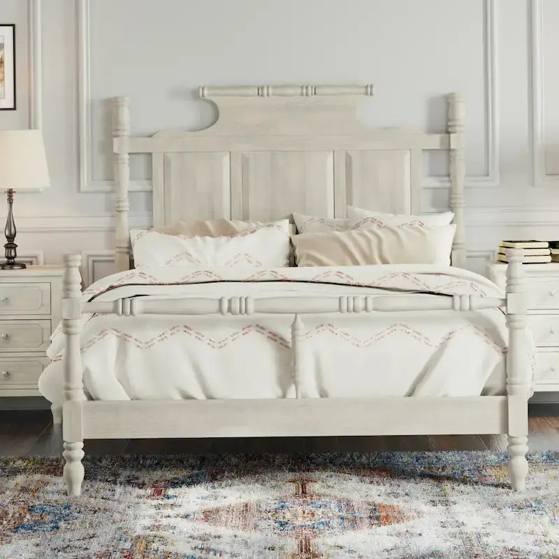 Vintage Country Style Wood Bed Frame Four Poster Platform Bed with High Crown-like Headboard Wingback Bed, Low Profile Bed
