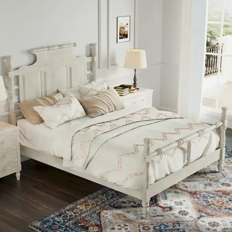 Vintage Country Style Wood Bed Frame Four Poster Platform Bed with High Crown-like Headboard Wingback Bed, Low Profile Bed