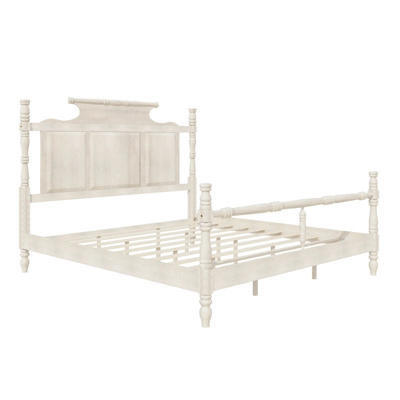 Vintage Country Style Wood Bed Frame Four Poster Platform Bed with High Crown-like Headboard Wingback Bed, Low Profile Bed