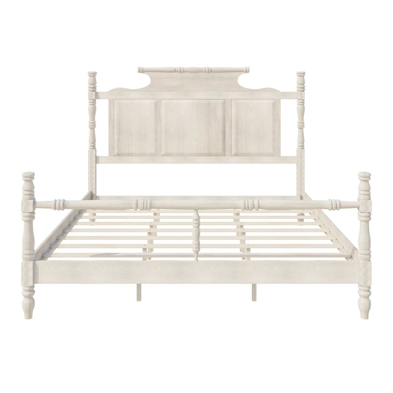 Vintage Country Style Wood Bed Frame Four Poster Platform Bed with High Crown-like Headboard Wingback Bed, Low Profile Bed