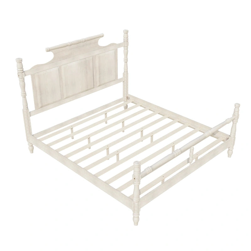 Vintage Country Style Wood Bed Frame Four Poster Platform Bed with High Crown-like Headboard Wingback Bed, Low Profile Bed