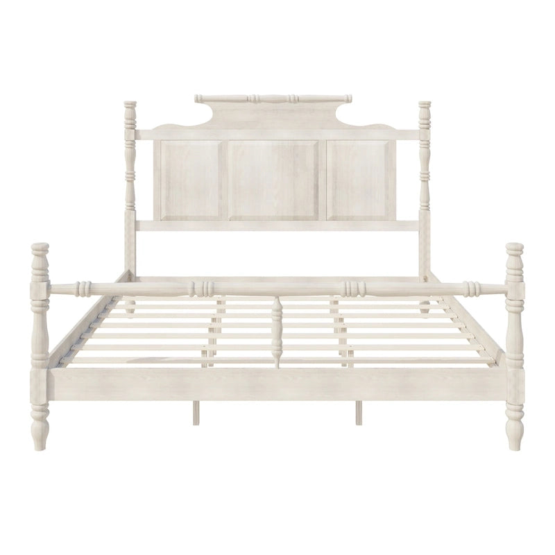 Vintage Country Style Wood Bed Frame Four Poster Platform Bed with High Crown-like Headboard Wingback Bed, Low Profile Bed