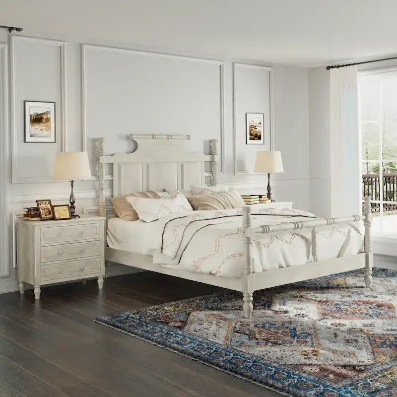 Vintage Country Style Wood Bed Frame Four Poster Platform Bed with High Crown-like Headboard Wingback Bed, Low Profile Bed