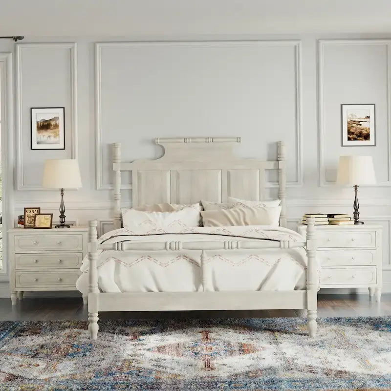 Vintage Country Style Wood Bed Frame Four Poster Platform Bed with High Crown-like Headboard Wingback Bed, Low Profile Bed