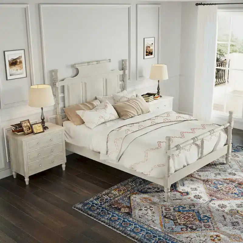 Vintage Country Style Wood Bed Frame Four Poster Platform Bed with High Crown-like Headboard Wingback Bed, Low Profile Bed