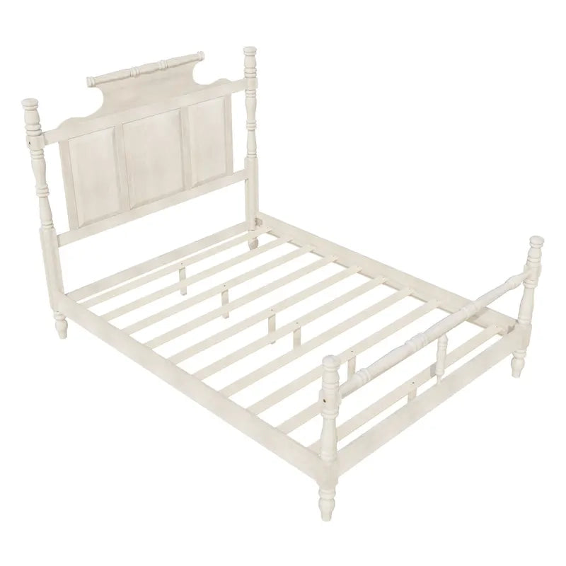 Vintage Country Style Wood Bed Frame Four Poster Platform Bed with High Crown-like Headboard Wingback Bed, Low Profile Bed