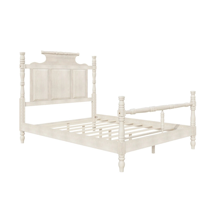 Vintage Country Style Wood Bed Frame Four Poster Platform Bed with High Crown-like Headboard Wingback Bed, Low Profile Bed