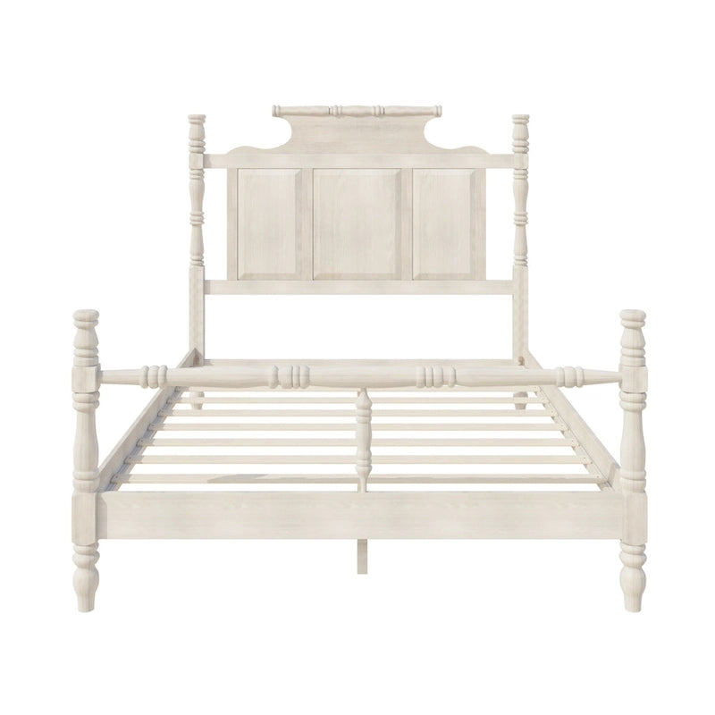Vintage Country Style Wood Bed Frame Four Poster Platform Bed with High Crown-like Headboard Wingback Bed, Low Profile Bed