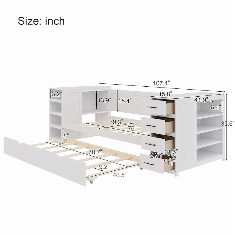 Twin Daybed with Trundle or Drawers, Side Storage Cabinet on Both Sides, Charging Station - Wood Slat Suppor Platform Bed Frame