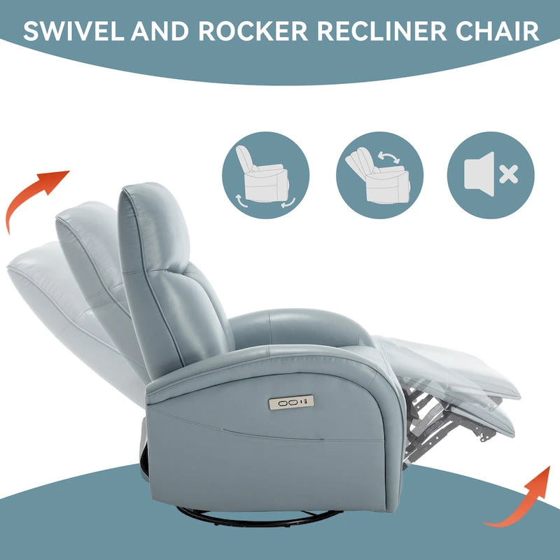 270 Genuine Leather Swivel and Rocker Power Recliner Chair for Elderly, Lving Room Single Sofa w/Lumbar Support & Rolled Arms