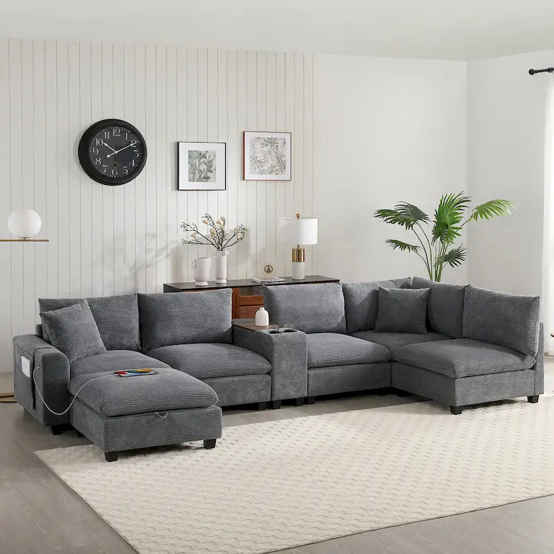 U Shaped Chenille Sofa w/Ottoman,Console,Cup Holder,Wide Seat,USB