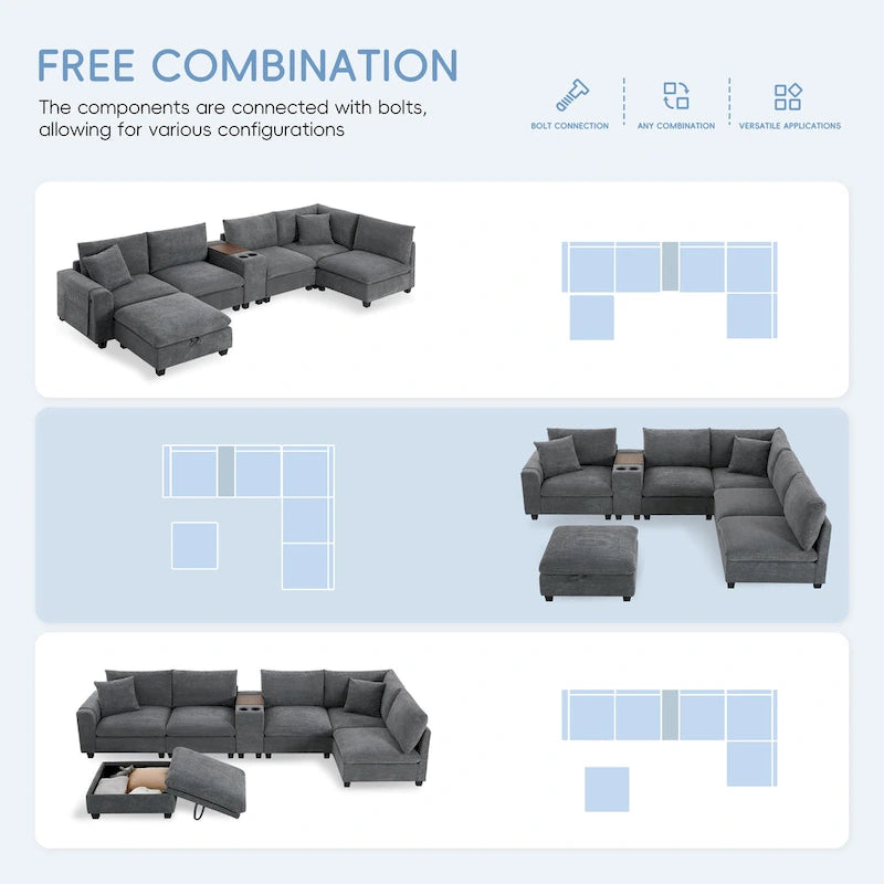 U Shaped Chenille Sofa w/Ottoman,Console,Cup Holder,Wide Seat,USB