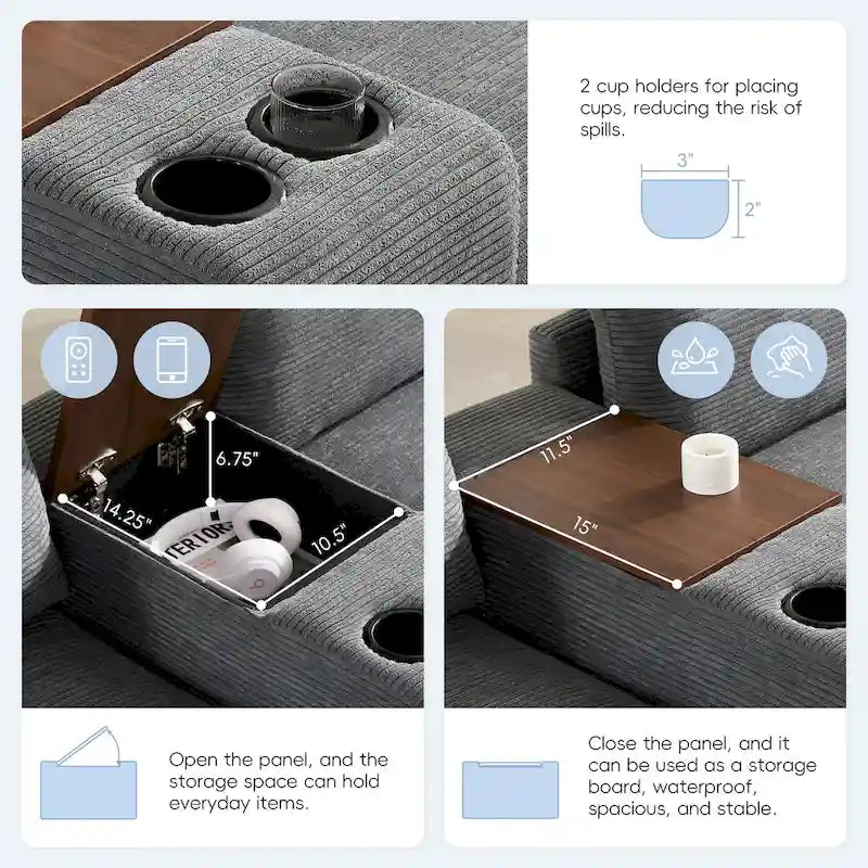 U Shaped Chenille Sofa w/Ottoman,Console,Cup Holder,Wide Seat,USB