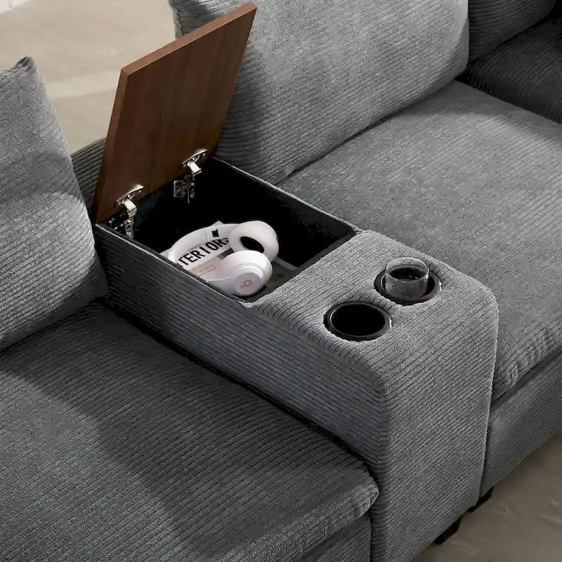 U Shaped Chenille Sofa w/Ottoman,Console,Cup Holder,Wide Seat,USB