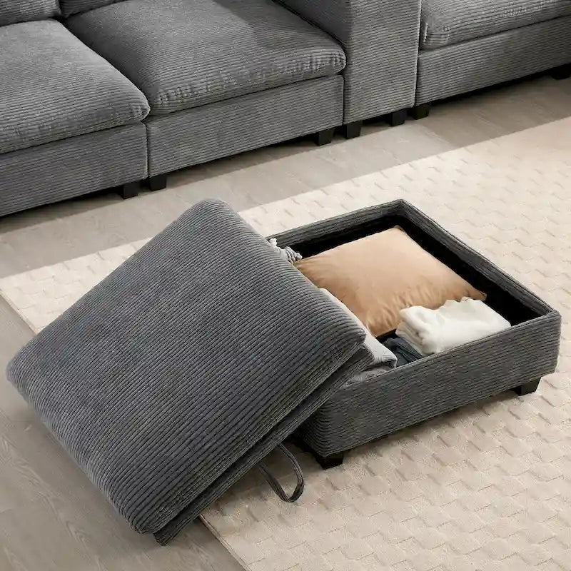 U Shaped Chenille Sofa w/Ottoman,Console,Cup Holder,Wide Seat,USB