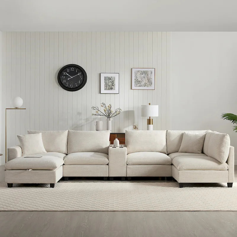U Shaped Chenille Sofa w/Ottoman,Console,Cup Holder,Wide Seat,USB