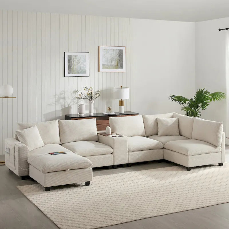 U Shaped Chenille Sofa w/Ottoman,Console,Cup Holder,Wide Seat,USB