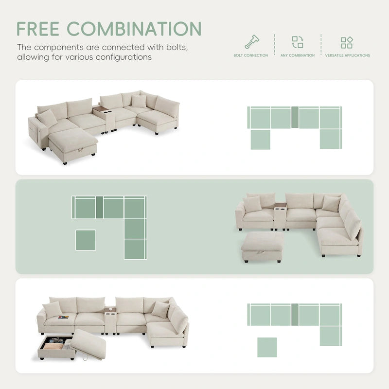 U Shaped Chenille Sofa w/Ottoman,Console,Cup Holder,Wide Seat,USB