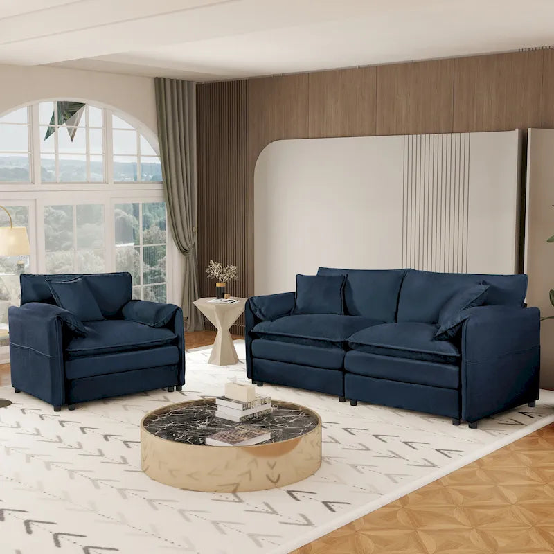 3-Piece Chenille Cloud Sofa & Armchair Set with Deep Seats & 3 Pillows