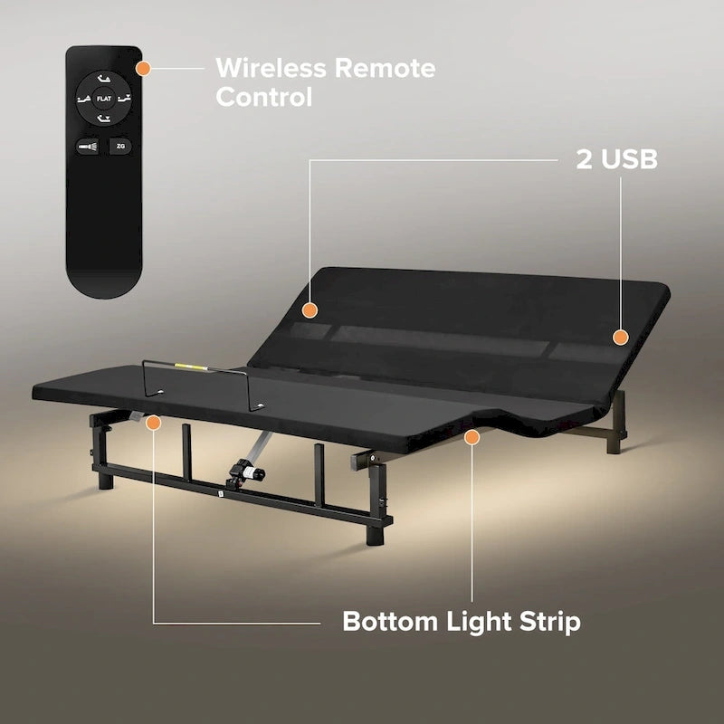 Queen Size Foldable Bed Premium Adjustable Bed Frame with Wireless Remote, USB Charging & Underbed Lighting