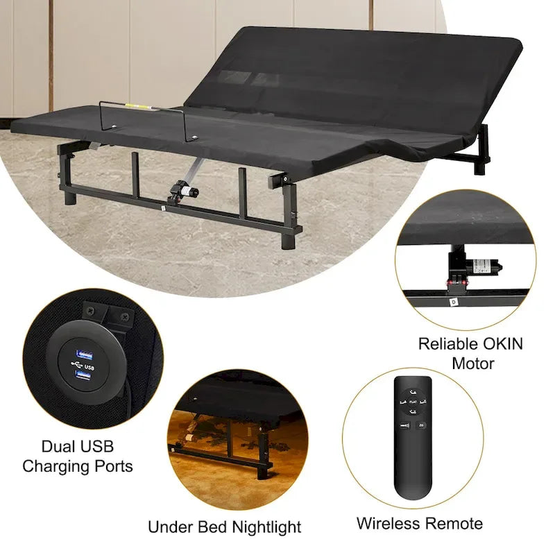 Queen Size Foldable Bed Premium Adjustable Bed Frame with Wireless Remote, USB Charging & Underbed Lighting