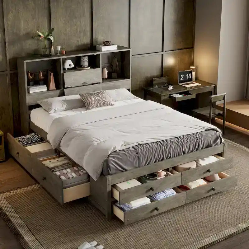 Gray Queen Size Modern Wooden Bed with Storage Headboard and 8 Drawers