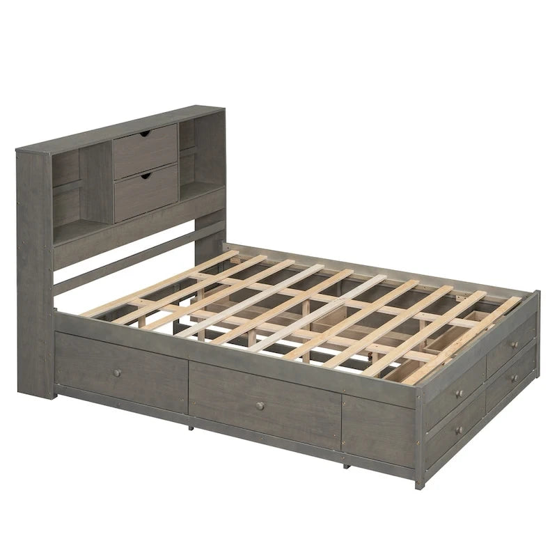 Gray Queen Size Modern Wooden Bed with Storage Headboard and 8 Drawers