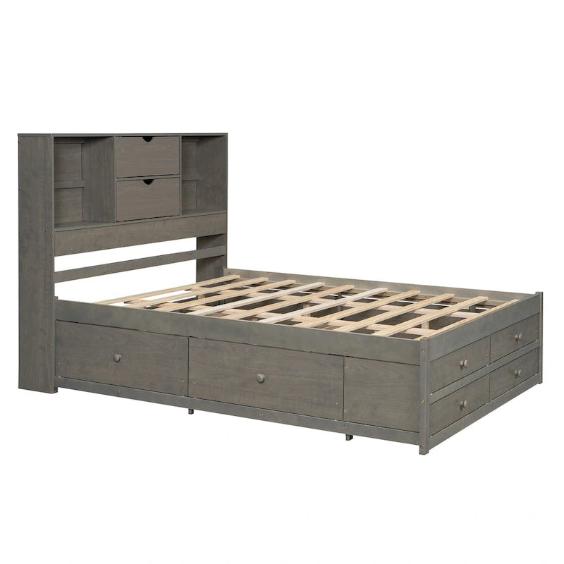 Gray Queen Size Modern Wooden Bed with Storage Headboard and 8 Drawers