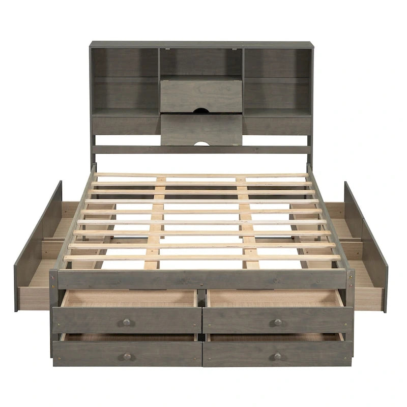 Gray Queen Size Modern Wooden Bed with Storage Headboard and 8 Drawers
