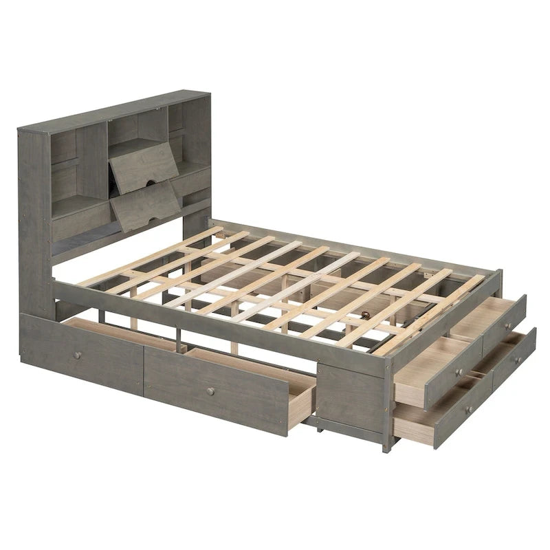 Gray Queen Size Modern Wooden Bed with Storage Headboard and 8 Drawers