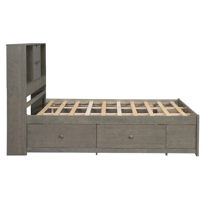 Gray Queen Size Modern Wooden Bed with Storage Headboard and 8 Drawers
