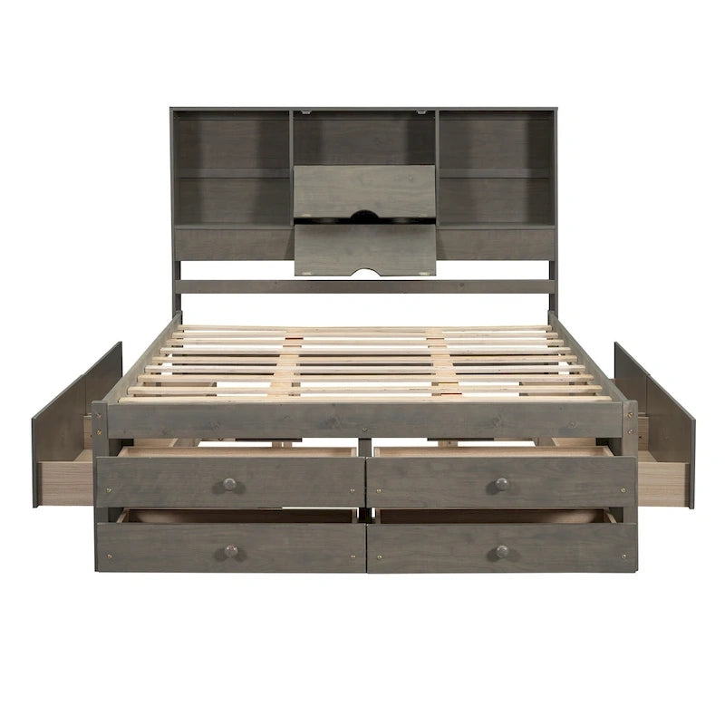 Gray Queen Size Modern Wooden Bed with Storage Headboard and 8 Drawers
