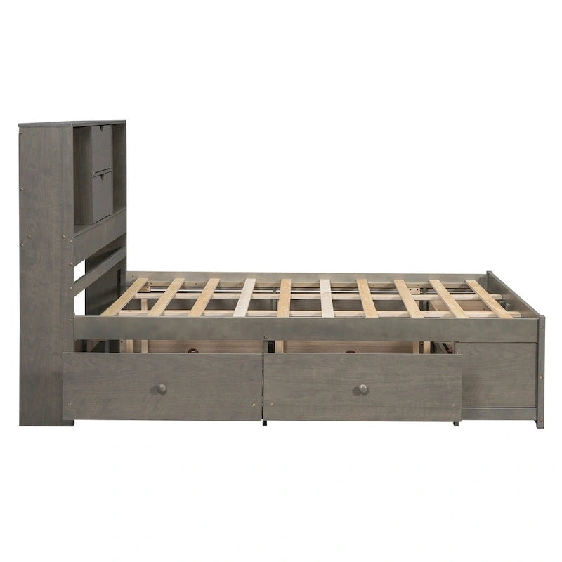 Gray Queen Size Modern Wooden Bed with Storage Headboard and 8 Drawers
