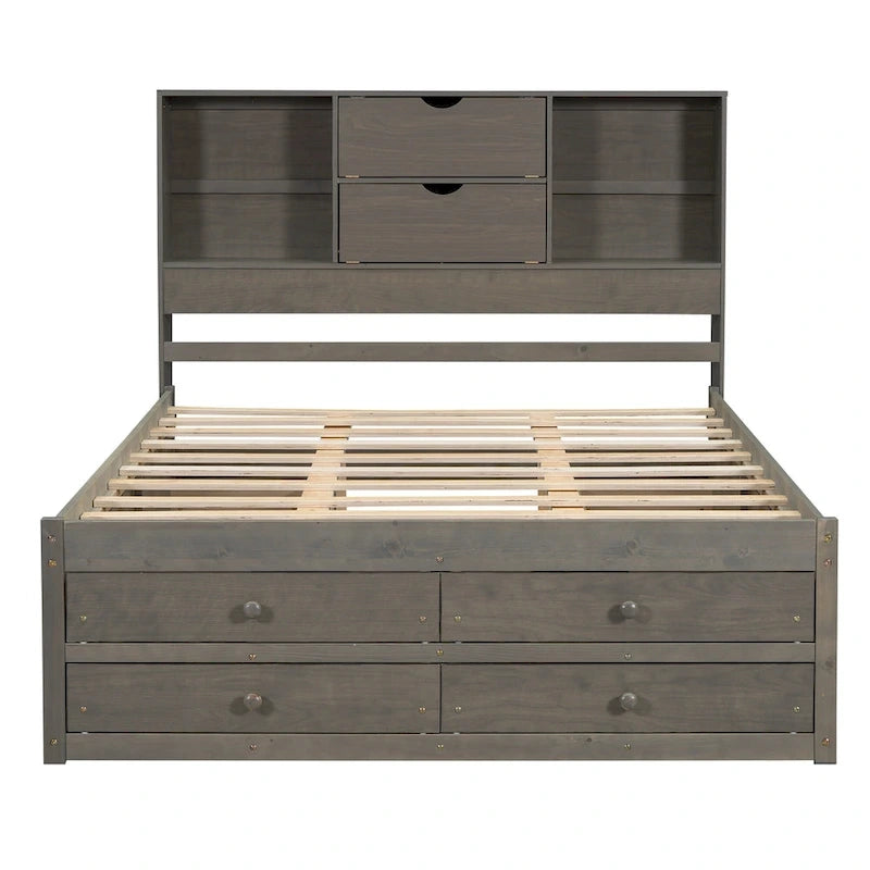 Gray Queen Size Modern Wooden Bed with Storage Headboard and 8 Drawers