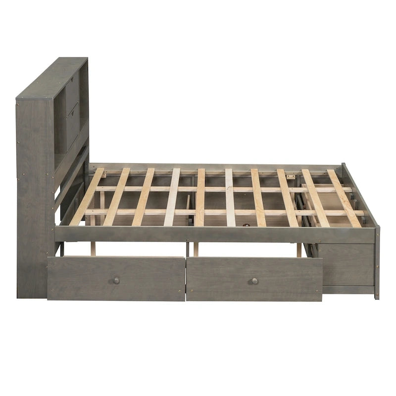 Gray Queen Size Modern Wooden Bed with Storage Headboard and 8 Drawers
