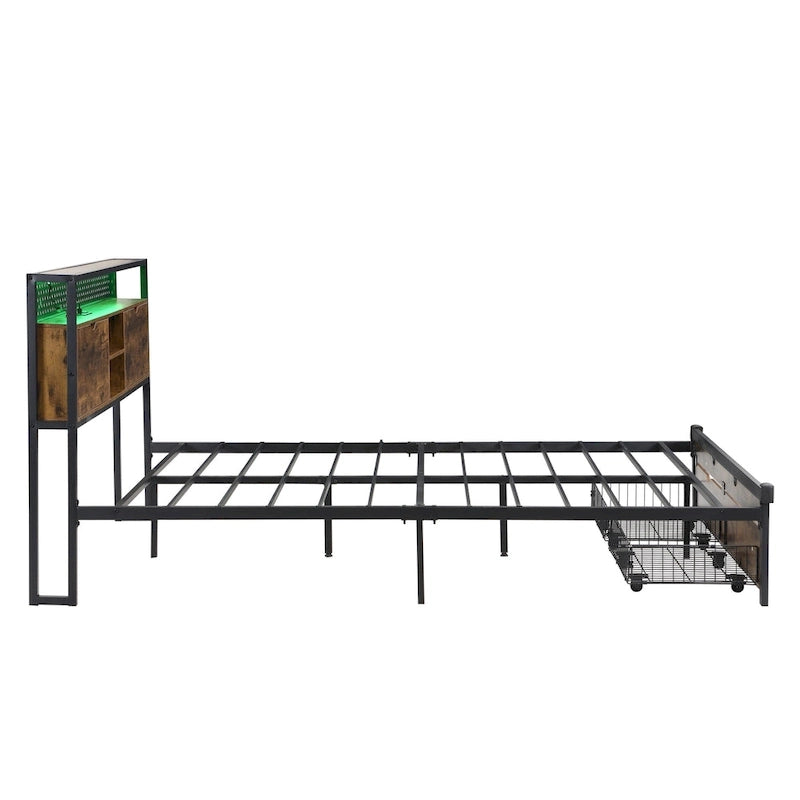 Black Brown King Size Metal Platform Bed with Wooden Headboard, Drawers, and LEDs