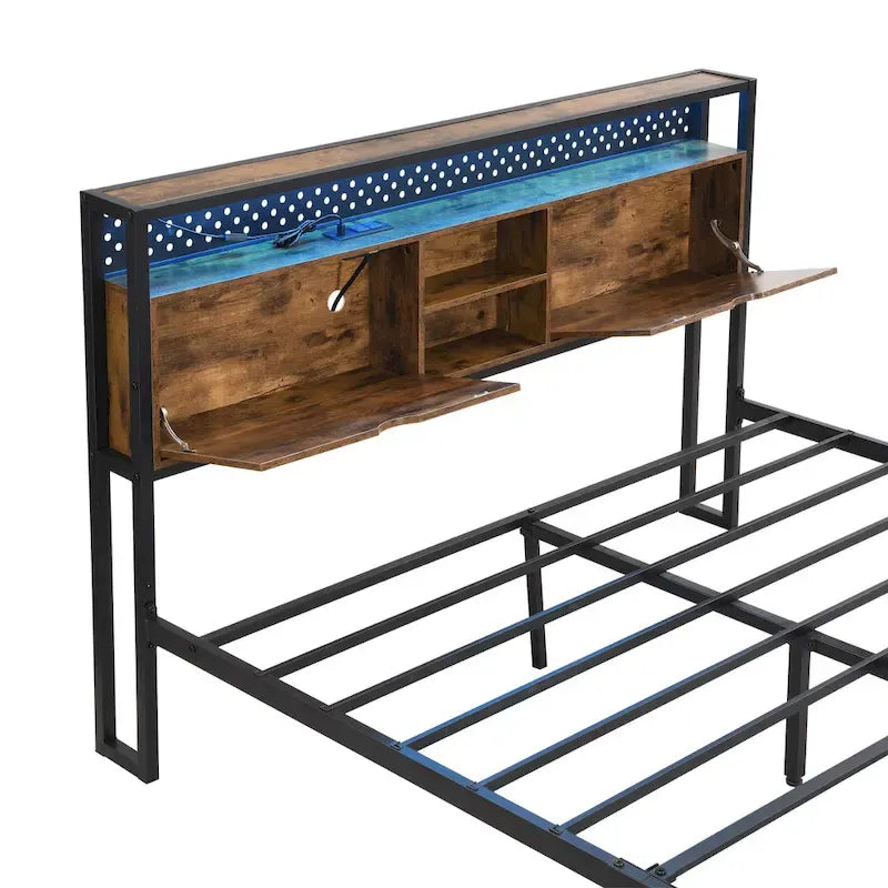Black Brown King Size Metal Platform Bed with Wooden Headboard, Drawers, and LEDs