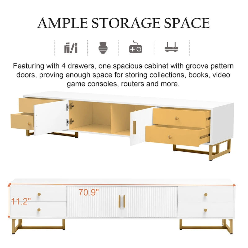 White 70 Modern TV Stand with Storage & Drawers for TVs Up to 65